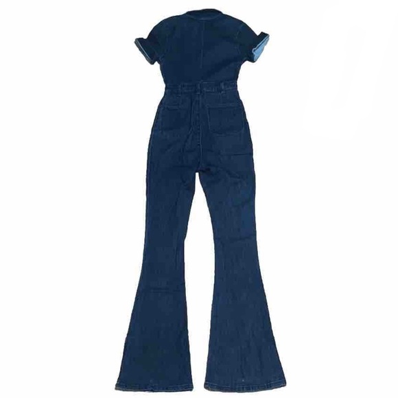 We Wore What Dark Wash Flare Denim Jumpsuit 70’s Boho Zip Up Collared XS - Picture 6 of 15